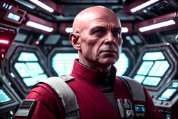 star wars bald male scientist in profile in burgundy old republic uniform inside a laboratory on a space station, head and shoulders portrait centered, hyper-detailed, dynamic lighting, hyper-detailed background, 8k resolution, volumetric lighting, light skin, in profile