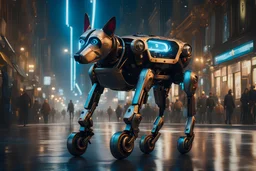 A full-length, experimental, prototype robotic dog walking down a robot-future city street, at night. 8k ultra detail, baroque painting by AI, sci-fi, futuristic background, Vibrant, eye-catching, intricate details, elaborate, 32k Portrait photography, UHD