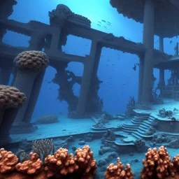 lost underwater city, Poseidon, highly detailed, cinematic, ultra photorealistic, ultra realistic, volumetric lighting, sun shafts, spectral, 4k, 8k, fish swimming around, murky, coral reef, shipwreck