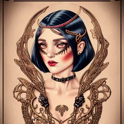 Full Body, Art Nouveau Woman With A Bob With A Fringe Hairstyle, Cleopatra Clothing, Steampunk Metal moth with red wings, Black Background