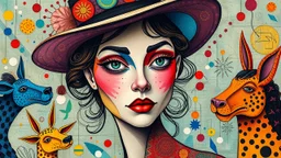 Inspired by a mix Kandinsky and Picasso. Vibrant, abstract, whimsical, close up a woman wear hat. geometric, colorful, expressive, playful, textured, quirky, surreal, artistic, imaginative, bold, eccentric, lively, dynamic, intriguing, symbolic, creative, angular, curious, bright, harmonious, detailed, layered, modern, eye-catching, humorous, spontaneous, vibrant, mysterious, unique, A whimsical celebration of many people play with tame animals, color and detail,