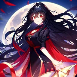 girl, masterpiece, best quality, volumetric lighting, dynamic pose, detailed outfit, perfect eyes, black hair, red eyes, messy hair, long hair, moon,