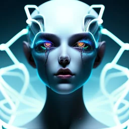 Demon girl, lumen lighting, led lights, <hanging wires> many wires connected to the head<perfect pupil> <cyborg> <garage> <sci-fi futuristic>