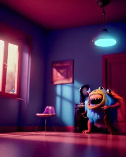 Room scene with color hair monster, Steven Spielberg style, realistic photo, sweet, concept art, smooth, unreal engine 5, god lights, ray tracing, RTX, lumen lighting, ultra detail, volumetric lighting, 3d.