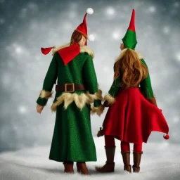 two elves. woman and man. Christmas scene. photorealistic. low-key