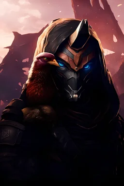 Cayde Six from destiny 2 holding a hen, realistic graphics