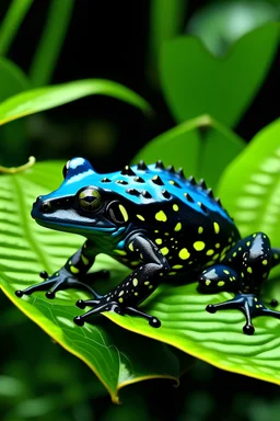 Poison dart frog, black with a skull-like pattern on its back. The frog is sitting on a big leaf in the jungle. A knowing smirk is vaguely portrayed on the frog's face.