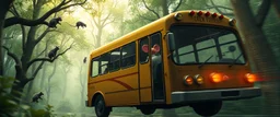buss driver shaped like a rat flying through a sunken forest, rat monkeys in the trees