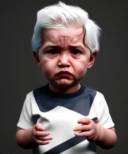 Pedro almodovar toddler, full body, white hair, diagonal shirt, dramatic lighting, hyper realistic