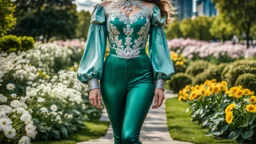 fullbody close up of girl makeup wearing a dark green-silver victorian top and pants and pretty boots walking in moder city of 2040 park ,flowers ,pretty clouds in blue sky,city escape.