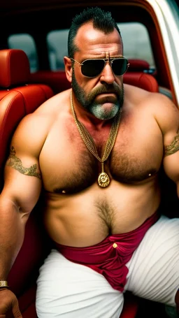 full body shot photography of an Italian sicilian taxi driver burly ugly sitting in the taxi, chubby tired 45 years old driving shirtless, bullneck, thin gold chains, short beard, sweat, short hair, bulge, robust, manly chest, looking down, big shoulders,, photorealistic, side light, ambient occlusion, tired eyes. 35mm lens, internal view inside the Taxi