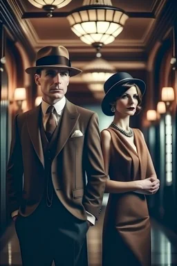 man and woman fashion at Art Deco style. woman wear longer silhouette dresses, luxurious accessories, and carefully styled hair. man wear elegant suits and ties, ultrarealistic photography, leica 30 mm, saturated balance, professional photography, cinematic view,