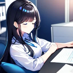 Clear focus, 8k, high quality, detailed, beautiful lighting, girl, vibrant colors, black long hair, vibrant blue eyes, sleeping at desk, office clothes,