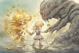 cute blonde chibi princess fighting with an ugly giant monster with a golden laser sabre, golden coin stacks, pond, in sunshine, H.R. Giger, anime, steampunk, surreal, watercolor and black in outlines, golden glitter, ethereal, cinematic postprocessing, bokeh, dof