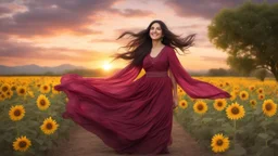 Hyper Realistic Photographic-view of a Beautiful-Young-Happy-Pashto-Woman-Smiling with beautiful-long-black-hair-&-pink-dress-with-maroon-shawl & breeze-whirling in a sunflower-field with a tree behind & cloudy-sunset showing dramatic & cinematic ambiance