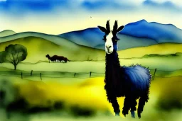 A happy llama stands in a pasture. Watercolour