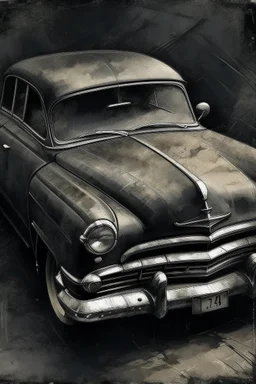 An old car , Hyper Realistic Aerial Grungy Dark-Grey Brush strokes on a dark rustic background with charcoals