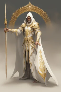 High elf time wizard wearing gold hemed white cloak