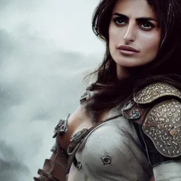 best quality, realistic lighting, masterpiece portrait of Penélope Cruz, details, light dusting of freckles, cowboy shot from above, simple chain hauberk, warhammerVector art matte painting digital illustration 3D shading CryEngine Behance HD 3Delight