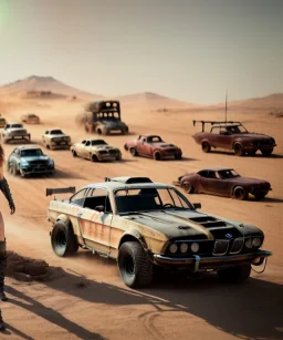 Realistic image. Mad max car. BMW 4 series. woman in the foreground. 4k resolution, intricate details, ornate details, soft lighting, vibrant colors, mad max background