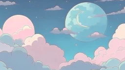 night sky with moon and clouds, in the style of pastel, anime aesthetic