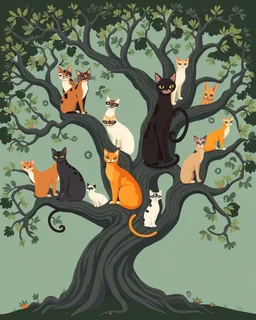 You can replace the word cat with your favourite animal! I used Flux A stylized artwork depicts in the very foreground, a majestically contorted tree. Various large cats of various colors are present in the tree. The cat's depictions feature elongated necks, large eyes, varying body types (some with large bellies, others slender), prominent whiskers, and long tails