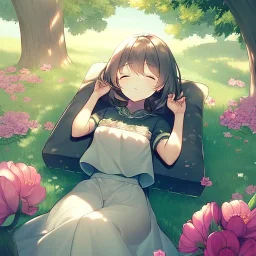 anime girl sleeping in a far away distance. field of flowers. trees are in the distance