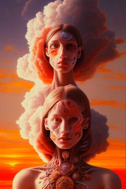 a painting of clouds in orange sunset, Albert Hofmann, textured, anatomically correct, beautiful woman perfect face, green eyes, sharp focus, highly detailed. desolate background. the royal tenenbaums