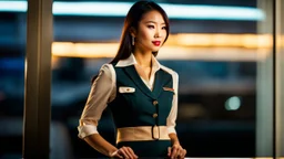 A gorgeous Asian model in an air hostess uniform looking out of the window at sunset