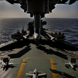 View from the bridge of an aircraft carrier.