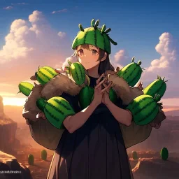 anime real life like cactus in the desert in arizona, grand canyon,anime, storm clouds in the background, prickly cactus.her hands