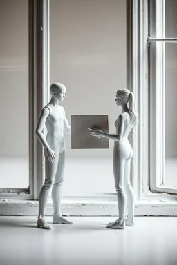 Two of Maniquí de pintura Artist mader made of all are in a white texture standing alone by the window holding hands