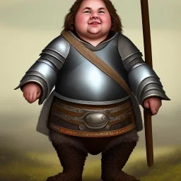 Portrait of a smirking obese Halfling with silver long hair in medieval clothing