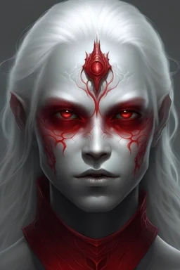 Portrait of a human like creature with crimson red skin,shining white hair and eyes