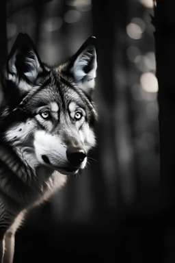 Black and White, Face of Wolf, Forest in the background with Full Moon