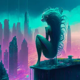 A mermaid perched atop a skyscraper, looking out at the towering neon buildings that jut out of the polluted, smog-filled horizon.