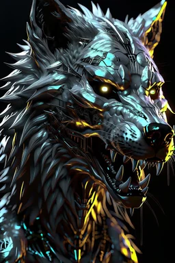 a scary silver wolf, partially cyborg, ultra realistic 12 ugh, dark and eary lighting, digital art, masterpiece