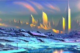 Science fiction city near frozen lake, impressionism painting