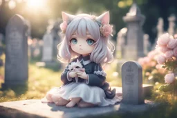 cute chibi anime cat girl in the graveyard, sadly sitting next to a grave, flowers in her hand in sunshine, ethereal, otherwordly, cinematic postprocessing, bokeh, dof