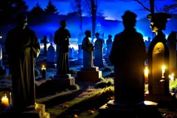 cemetery evening with human shapes, translucent figures, candlelight