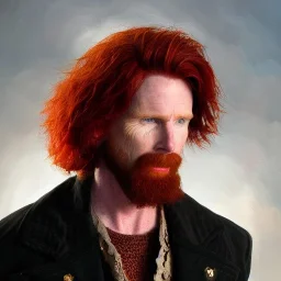 Portrait of courtney gains, ruggedly handsome but joyful, roguish, charismatic, attractive male, masculine, perfect, precisely detailed, lightly freckled face, meticulously detailed multi-hued ginger carrot-colored cherry red fiery hair; Malachai of the corn; fantasy, intricate, elegant, highly detailed, digital painting, artstation, concept art, matte, sharp focus, illustration, art by artgerm and greg rutkowski and alphonse mucha