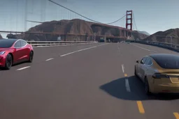 A Tesla 'Model Y' is racing at top speed, on the 'Golden Gate' bridge. (CINEMATIC, WIDE ANGLE LENS, PHOTO REAL)