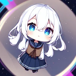 Clear focus, High resolution, long white hair, hair between eyes, straight long locks, sparkling blue eyes, wearing a sailor uniform, wearing a sailor skirt, wearing a brown vest, cute, 1girl, fluffy hair, cute, chibi, cartoon, in space, rough line art