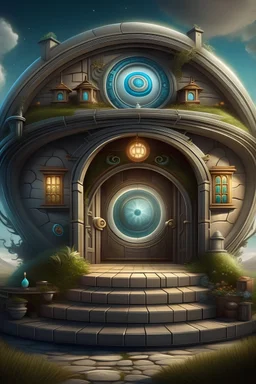 a fantasy art of a house in the form of a time portal that a person enters