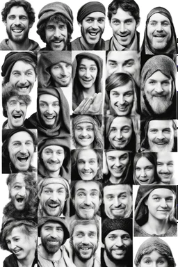 diferent medieval faces of diferent medieval people with diferent expressions, some dramatic, somo happy. the style is minimal black and white stamp. in the sheet there are more than 5. very diverse court memebers and everyday people. man, woman, kids. white background