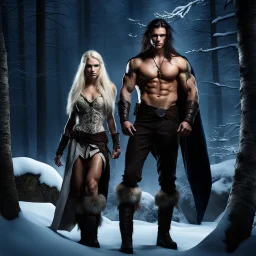 muscular male mountain man with long dark hair with a petit female long blonde hair and blue eyes, dark fantasy, snowy forest