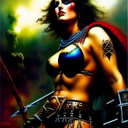 portrait oil on canvas, beautiful punk busty female Barbarian Warrior,green eyes, ,minimal armor,comic book cover, mystical colors,insanely detailed,realistic,intrincate detail, 16k resolution, masterpiece,Frank Frazetta,Alex Horley, Simon Bisley