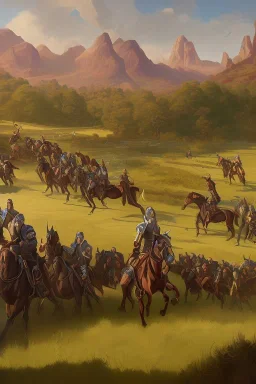 detailed oil painting, renaissance style, of mounted knights galloping across an open field, swords in hand, mountains in distance