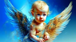 Beautiful baby angel, double exposure fantasy, blue, gold, glitter, fine detailing, hyperrealism, vibrant colors, photorealism, 3D, acrylic and watercolor elements, heart.
