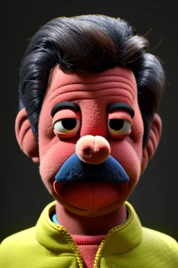 Waist up muppet Portrait, Nicolas maduro us muppet doll, black hair, Venezuelan president, red and yellow tracksuit, mustache, photo studio, background, unreal engine 5, concept art, art station, ray tracing, lumen lighting, ultra detail, volumetric lighting, 3d.